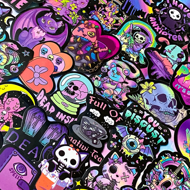 spooky but cute kawaii goth gothic sticker stickers laptop stationery uk pack set bright vibrant skull skulls coffin halloween spooky snake bat bats death graveyard potion magic spell spells witchcraft heart purple magenta black yellow blue orange vivid eyeball