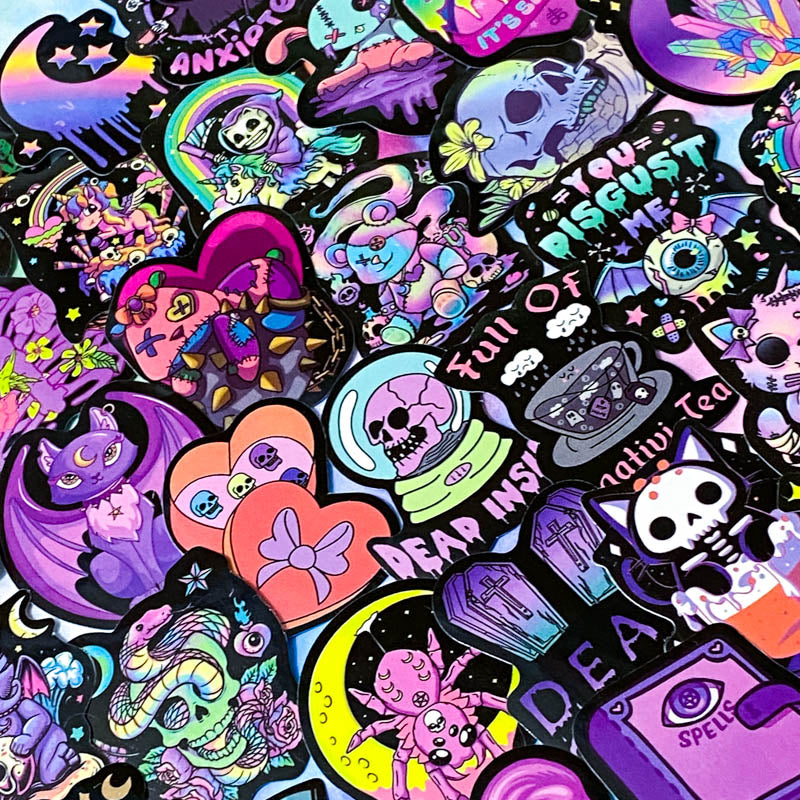 spooky but cute kawaii goth gothic sticker stickers laptop stationery uk pack set bright vibrant skull skulls coffin halloween spooky snake bat bats death graveyard potion magic spell spells witchcraft heart purple magenta black yellow blue orange vivid eyeball