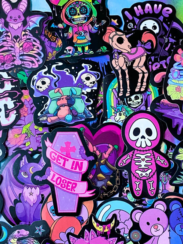 spooky but cute kawaii goth gothic sticker stickers laptop stationery uk pack set bright vibrant skull skulls coffin halloween spooky snake bat bats death graveyard potion magic spell spells witchcraft heart purple magenta black yellow blue orange vivid eyeball