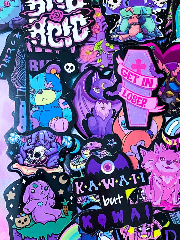 spooky but cute kawaii goth gothic sticker stickers laptop stationery uk pack set bright vibrant skull skulls coffin halloween spooky snake bat bats death graveyard potion magic spell spells witchcraft heart purple magenta black yellow blue orange vivid eyeball