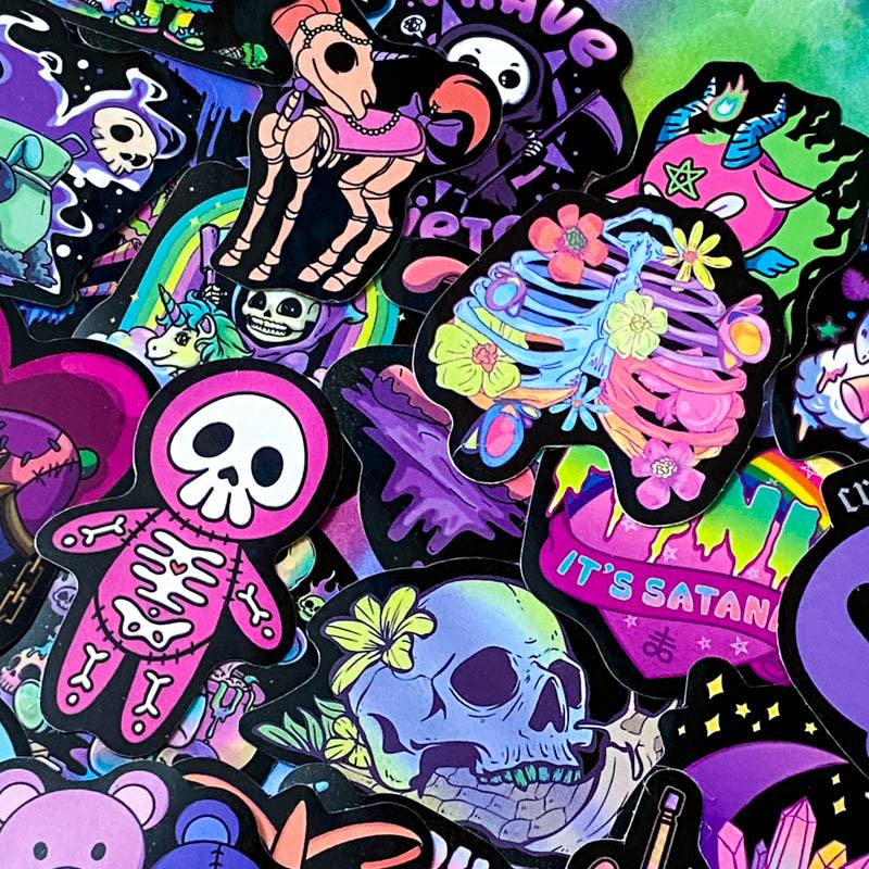 spooky but cute kawaii goth gothic sticker stickers laptop stationery uk pack set bright vibrant skull skulls coffin halloween spooky snake bat bats death graveyard potion magic spell spells witchcraft heart purple magenta black yellow blue orange vivid eyeball