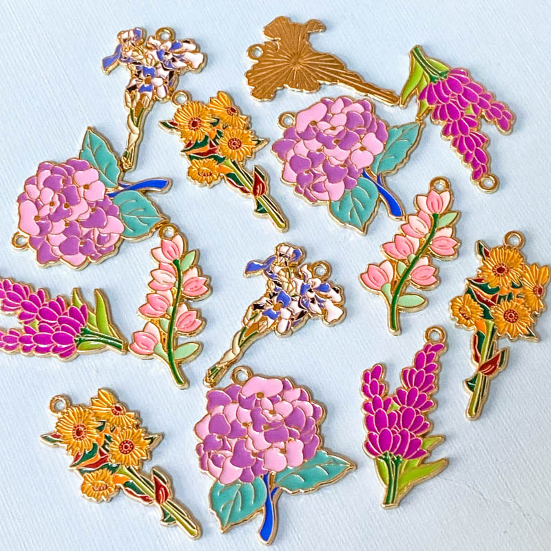 spring summer flower flowers bloom blooms garden plant plants pink lilac yellow purple white blossom gold tone metal enamel charm charms pendant pendants uk cute kawaii craft supplies shop store hydrangea lupin sunflower sunflowers yellow orange 