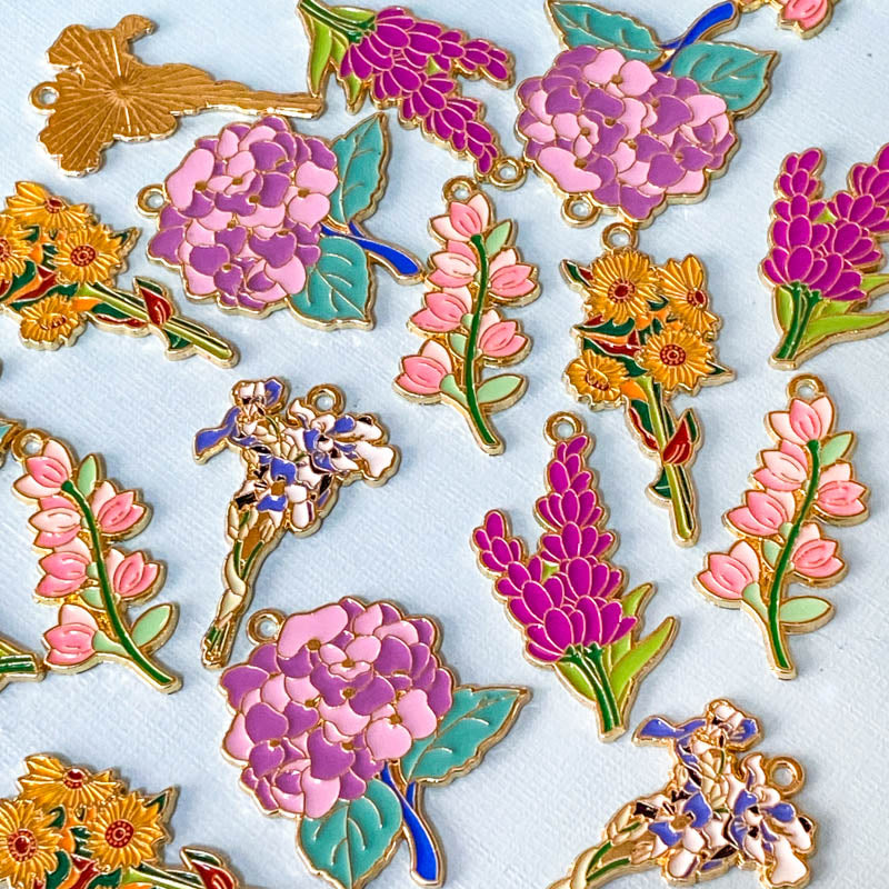 spring summer flower flowers bloom blooms garden plant plants pink lilac yellow purple white blossom gold tone metal enamel charm charms pendant pendants uk cute kawaii craft supplies shop store hydrangea lupin sunflower sunflowers yellow orange