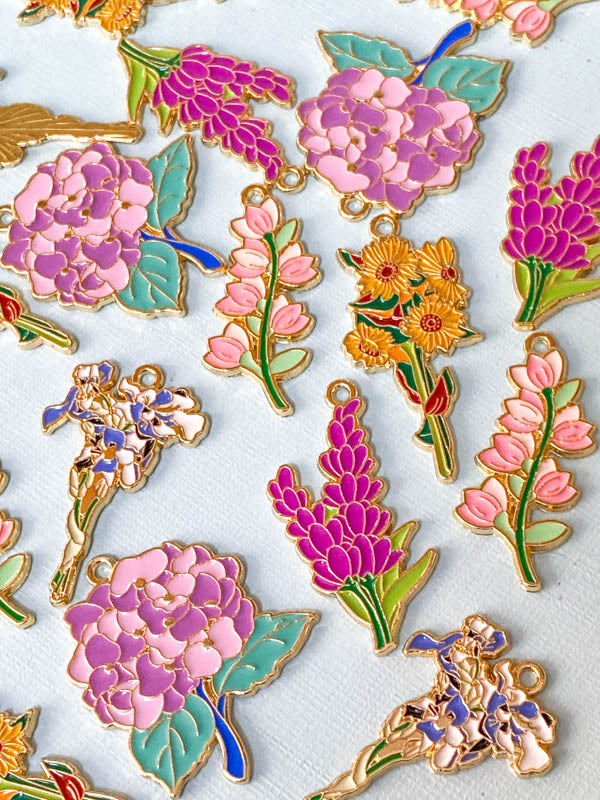 spring summer flower flowers bloom blooms garden plant plants pink lilac yellow purple white blossom gold tone metal enamel charm charms pendant pendants uk cute kawaii craft supplies shop store hydrangea lupin sunflower sunflowers yellow orange