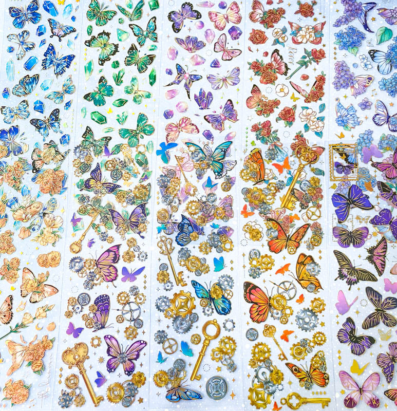 bargain sticker stickers sheet sheets holo holographic clear plastic transparent stationery butterfly butterflies key keys garden flower flowers bloom blossom letters alpha alphabet numbers gem gems gemstones crystal crystals uk cute kawaii stationery shop store purple lilac yellow green peach pink red orange bright green