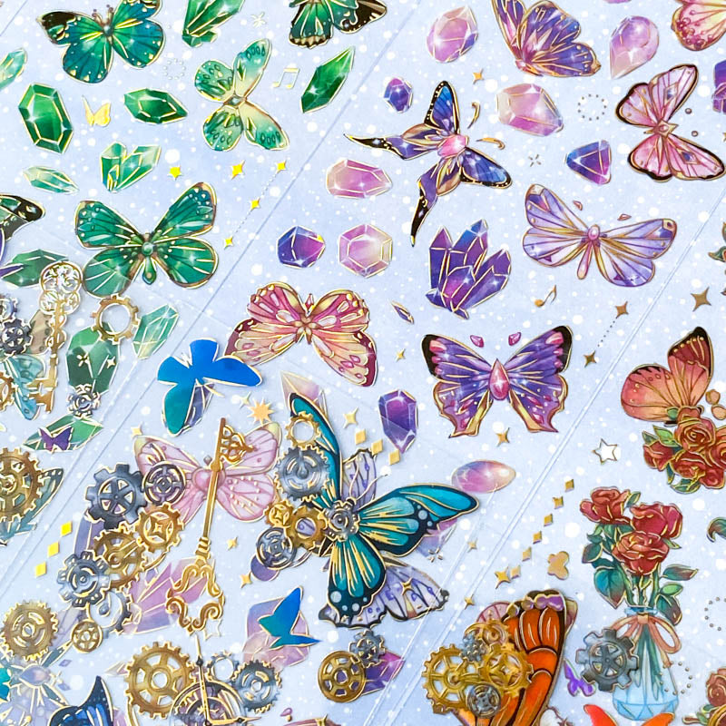bargain sticker stickers sheet sheets holo holographic clear plastic transparent stationery butterfly butterflies key keys garden flower flowers bloom blossom letters alpha alphabet numbers gem gems gemstones crystal crystals uk cute kawaii stationery shop store purple lilac yellow green peach pink red orange bright green