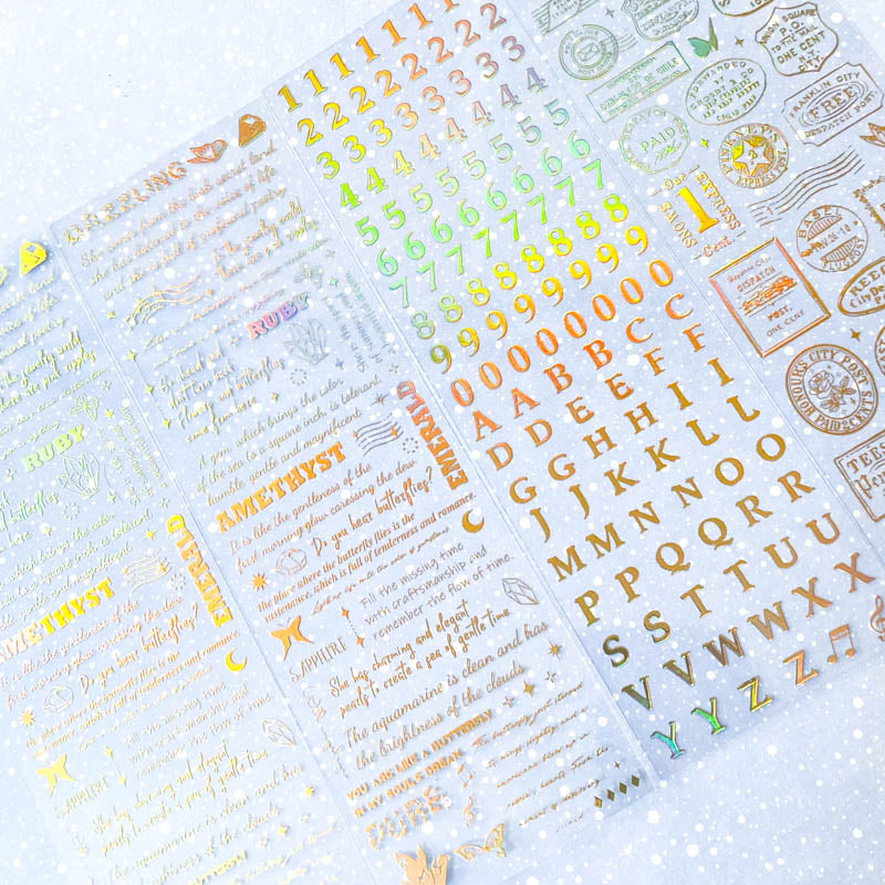 bargain sticker stickers sheet sheets holo holographic clear plastic transparent stationery butterfly butterflies key keys garden flower flowers bloom blossom letters alpha alphabet numbers gem gems gemstones crystal crystals uk cute kawaii stationery shop store purple lilac yellow green peach pink red orange bright green