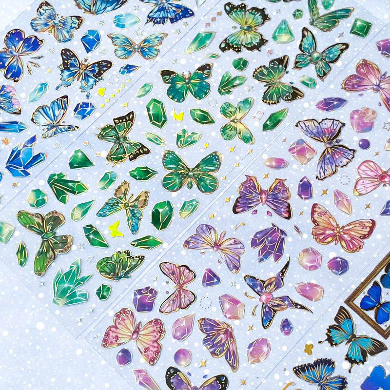 bargain sticker stickers sheet sheets holo holographic clear plastic transparent stationery butterfly butterflies key keys garden flower flowers bloom blossom letters alpha alphabet numbers gem gems gemstones crystal crystals uk cute kawaii stationery shop store purple lilac yellow green peach pink red orange bright green