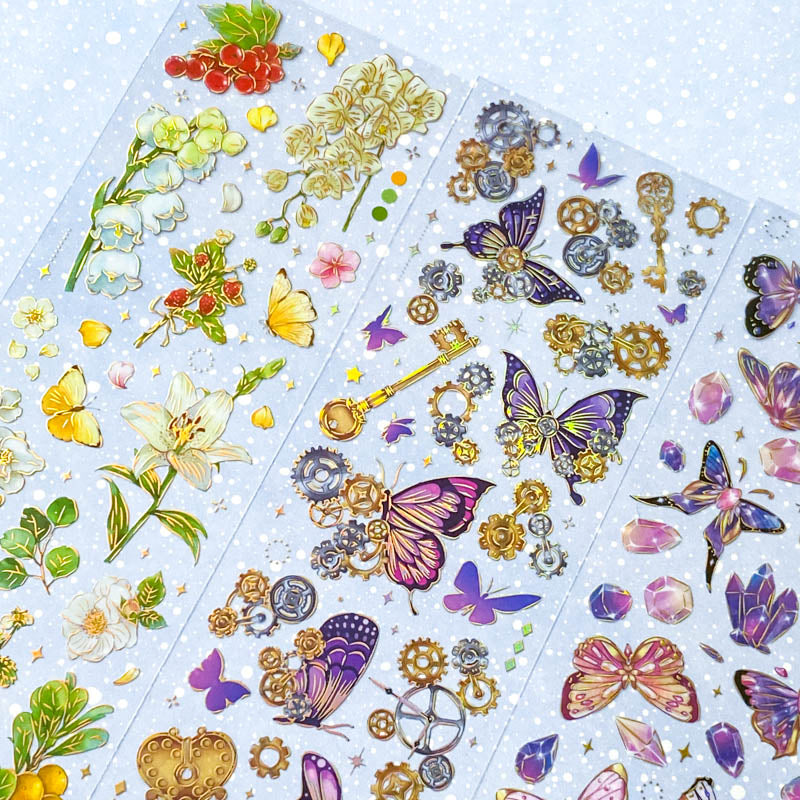 bargain sticker stickers sheet sheets holo holographic clear plastic transparent stationery butterfly butterflies key keys garden flower flowers bloom blossom letters alpha alphabet numbers gem gems gemstones crystal crystals uk cute kawaii stationery shop store purple lilac yellow green peach pink red orange bright green
