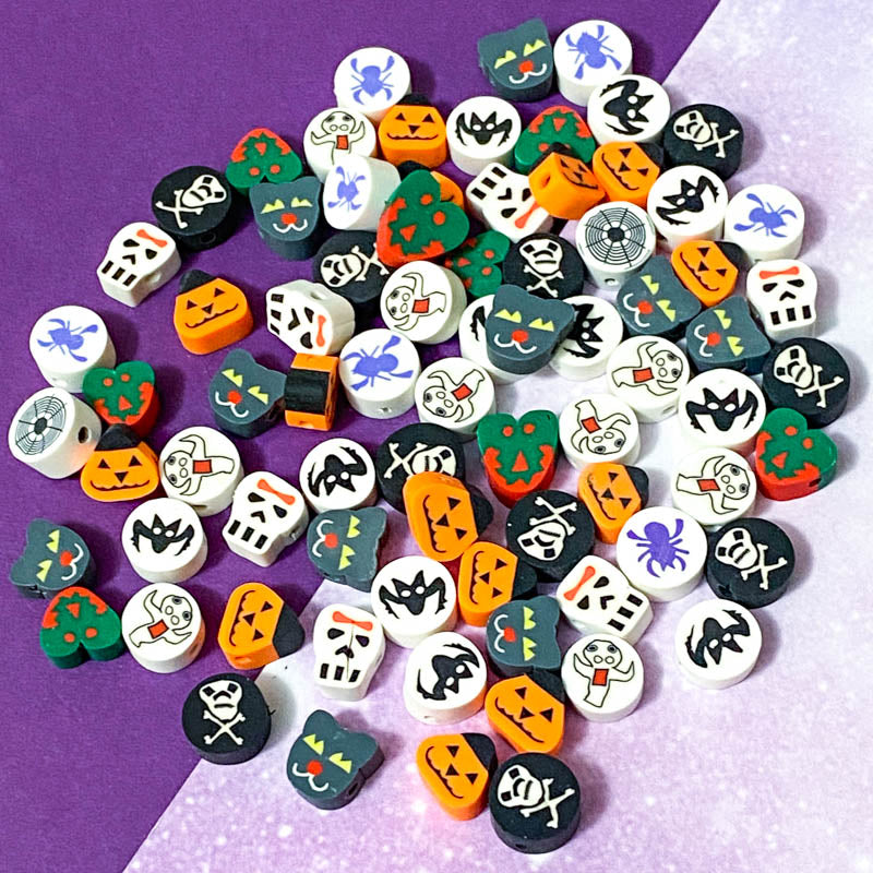 spooky halloween poy polymer clay bead beads set uk cute kawaii craft supplies shop skull skulls cat cats cross bones pumpkin pumpkins bat bats monster ghost ghosts spider spiders web webs mixed collection orange black white green grey purple