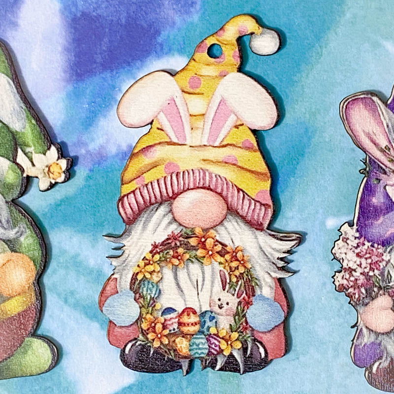 easter spring bunny rabbit gnome gnomes gonk gonks hanging wood wooden natural eco decoration painted tree decs uk cute kawaii gift gifts spring easter egg eggs basket carrot chick chicks spring flower flowers floral individual present home garland
