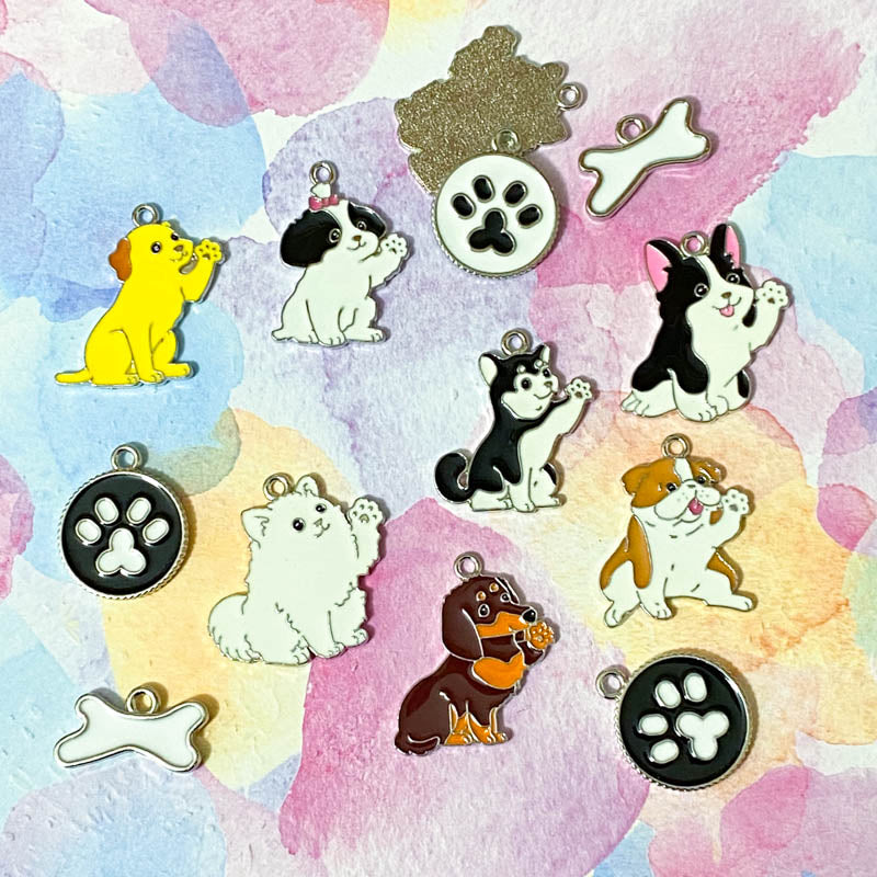 cute kawaii dog dogs puppy charm charms pendant pendants uk craft supplies tag tags collar white black yellow sausage dachshund husky round bone black white bulldog shop store craft crafts supplies enamel enamelled metal silver tone
