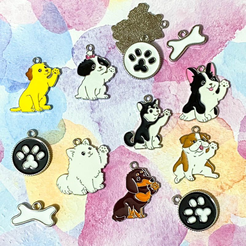 cute kawaii dog dogs puppy charm charms pendant pendants uk craft supplies tag tags collar white black yellow sausage dachshund husky round bone black white bulldog shop store craft crafts supplies enamel enamelled metal silver tone