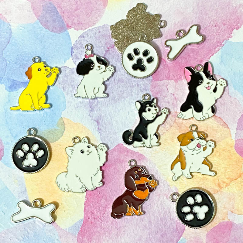 cute kawaii dog dogs puppy charm charms pendant pendants uk craft supplies tag tags collar white black yellow sausage dachshund husky round bone black white bulldog shop store craft crafts supplies enamel enamelled metal silver tone