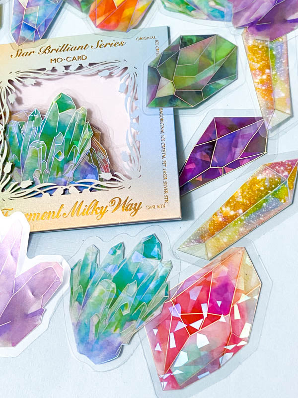 sparkly crystal crystals gem gems stone stones holo holographic foil rainbow highlights foiled sticker stickers flake flakes pack uk cute kawaii stationery planner supplies store shop bright big large red orange green yellow purple pink gemstone pack set clear plastic