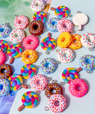 lollipop lolly rainbow lollies donut donuts resin charm charms pendant cute kawaii craft supplies shop store uk bright colours coloured swirl candy pink cerise yellow blue white sprinkles hundreds and thousands doughnut pretty fun jewellery supplies