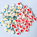 daisy daisies poly polymer clay handmade bead beads uk cute kawaii red heart hearts white disc round circle pretty craft supplies shop store leaf leaves set yellow lemon green