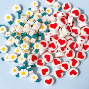 daisy daisies poly polymer clay handmade bead beads uk cute kawaii red heart hearts white disc round circle pretty craft supplies shop store leaf leaves set yellow lemon green
