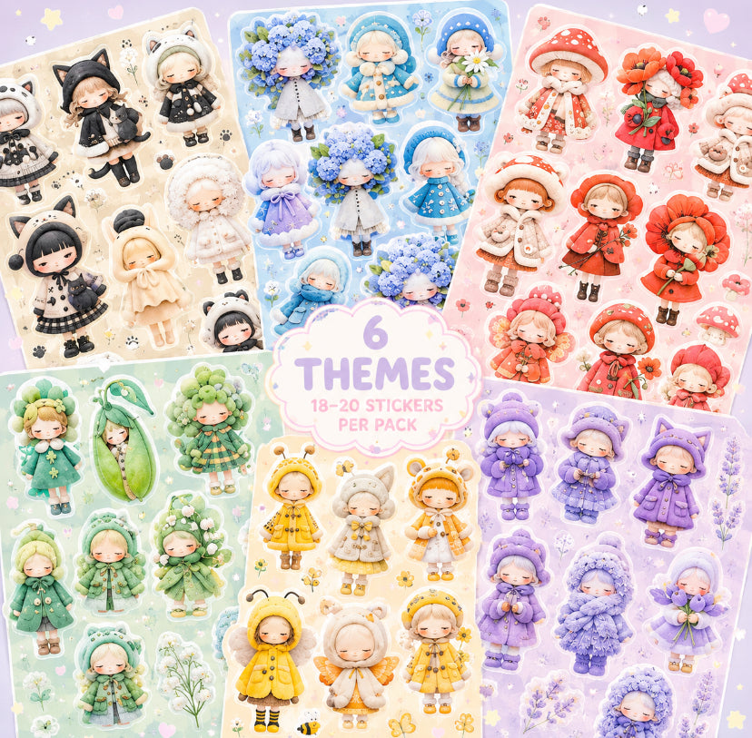 selection of large storybook doll stickers in themed colour collections including hydrangea blue, lavender purple, clover green, honey yellow, moonlit cat and woodland red designs. uk stationery shop and kawaii stickers.