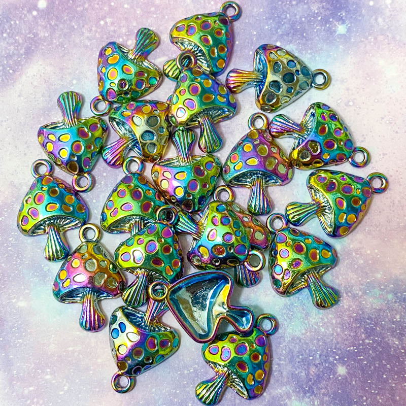 magic magical rainbow coloured iridescent ombre mushroom charm pendant charms metal zinc alloy titanium large uk cute kawaii craft supplies toadstool fungi purple green blue pink yellow spots bright