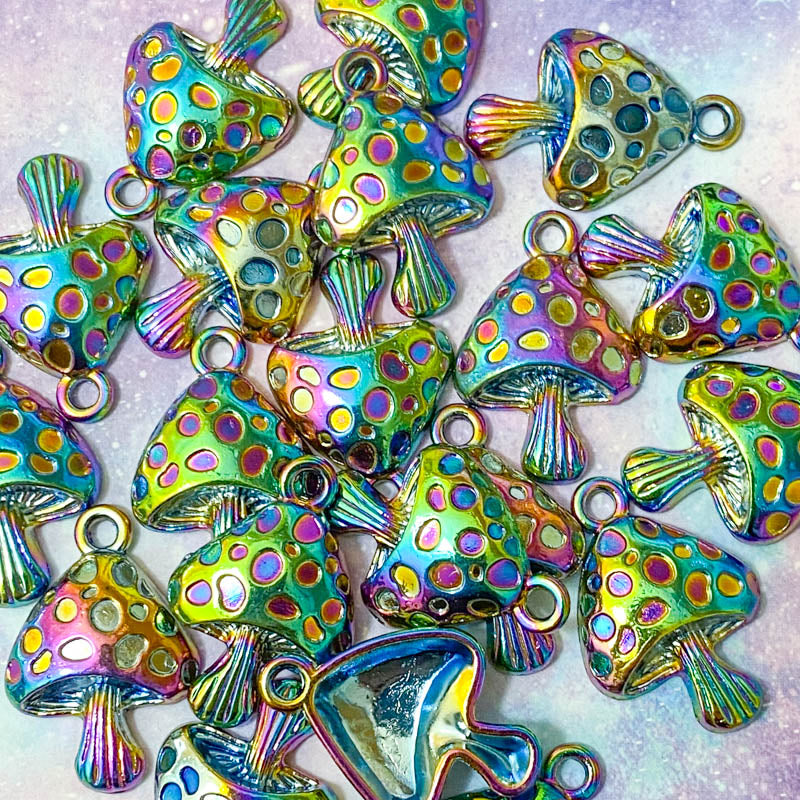 magic magical rainbow coloured iridescent ombre mushroom charm pendant charms metal zinc alloy titanium large uk cute kawaii craft supplies toadstool fungi purple green blue pink yellow spots bright