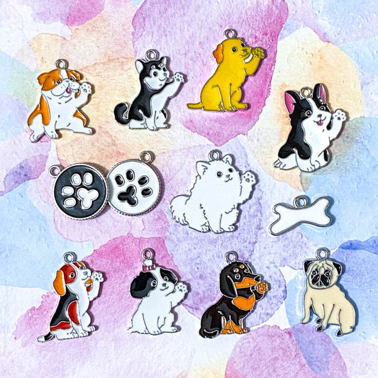 DOG THEMED Silver Tone Enamel Charm Bundle of 10
