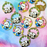 cute kawaii panda pandas round large big hoop circular charm charms pendant pendants gold tone metal enamel enamelled colourful leaf leaves bamboo uk craft supplies shop store kawaii pretty jewellery