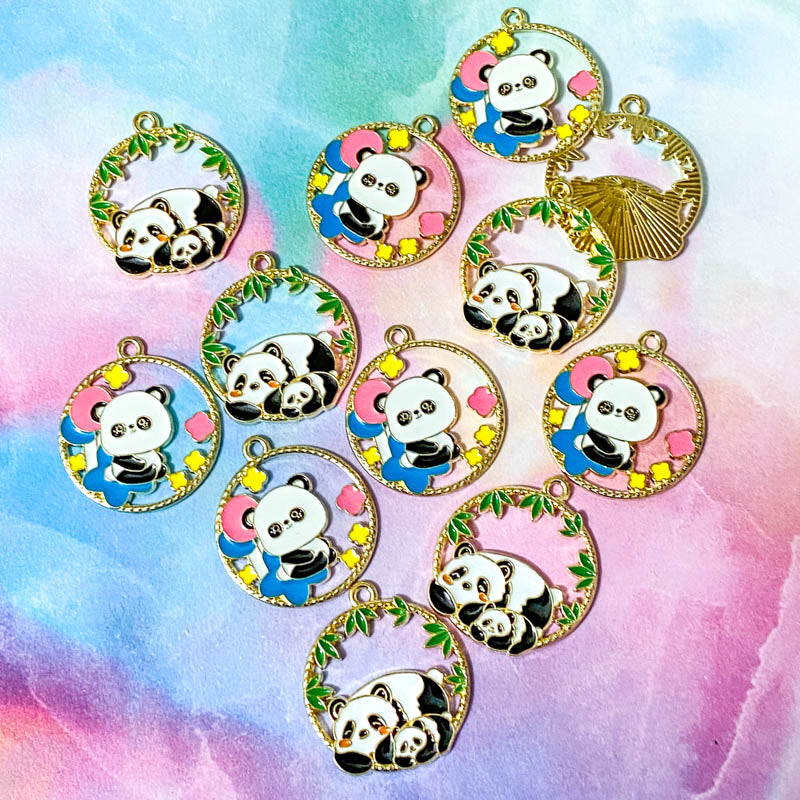 cute kawaii panda pandas round large big hoop circular charm charms pendant pendants gold tone metal enamel enamelled colourful leaf leaves bamboo uk craft supplies shop store kawaii pretty jewellery