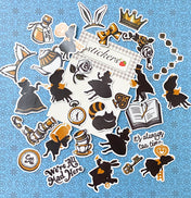 alice in wonderland opaque glossy sticker stickers flake flakes pack of 30 29 black silhouette white brown tan gold eat me mad hatter rabbit cheshire cat we're all mad here tea cup pot crown queen rose roses drink uk cute kawaii stationery planner supplies