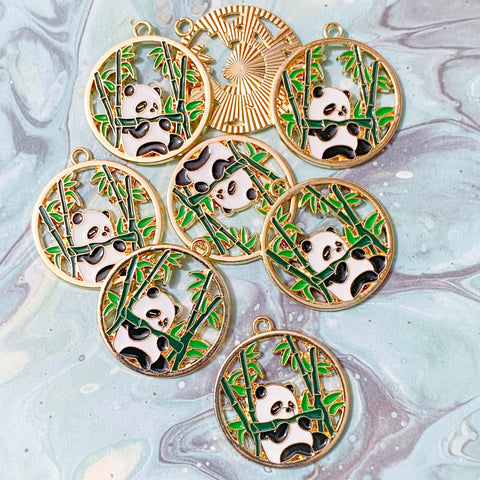 large panda pandas charm pendant charms green bamboo leaves leaf hoop circle big uk cute kawaii craft supplies gold tone metal enamel enamelled black white bear