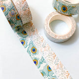 peacock feather feathers blue green orange teal wshi tape tapes roll rolls 10m long nature leaf leaves muted colours foliage stationery uk cute kawaii bird birds patterned