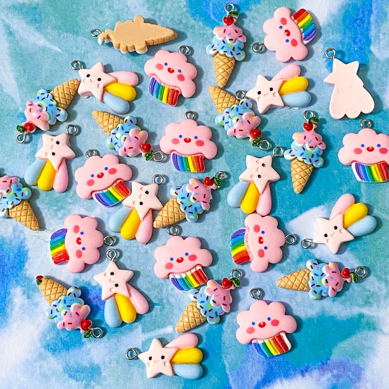 pink rain cloud clouds kawaii charm charms pendant pendants ice cream ice-creams food treats shooting star stars pendant resin pink uk craft supplies shop store blue yellow bright colours