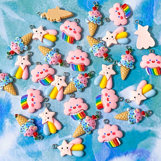 pink rain cloud clouds kawaii charm charms pendant pendants ice cream ice-creams food treats shooting star stars pendant resin pink uk craft supplies shop store blue yellow bright colours