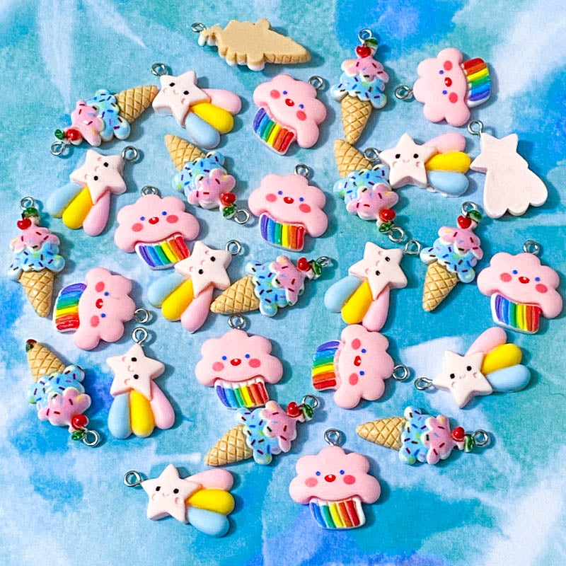 pink rain cloud clouds kawaii charm charms pendant pendants ice cream ice-creams food treats shooting star stars pendant resin pink uk craft supplies shop store blue yellow bright colours