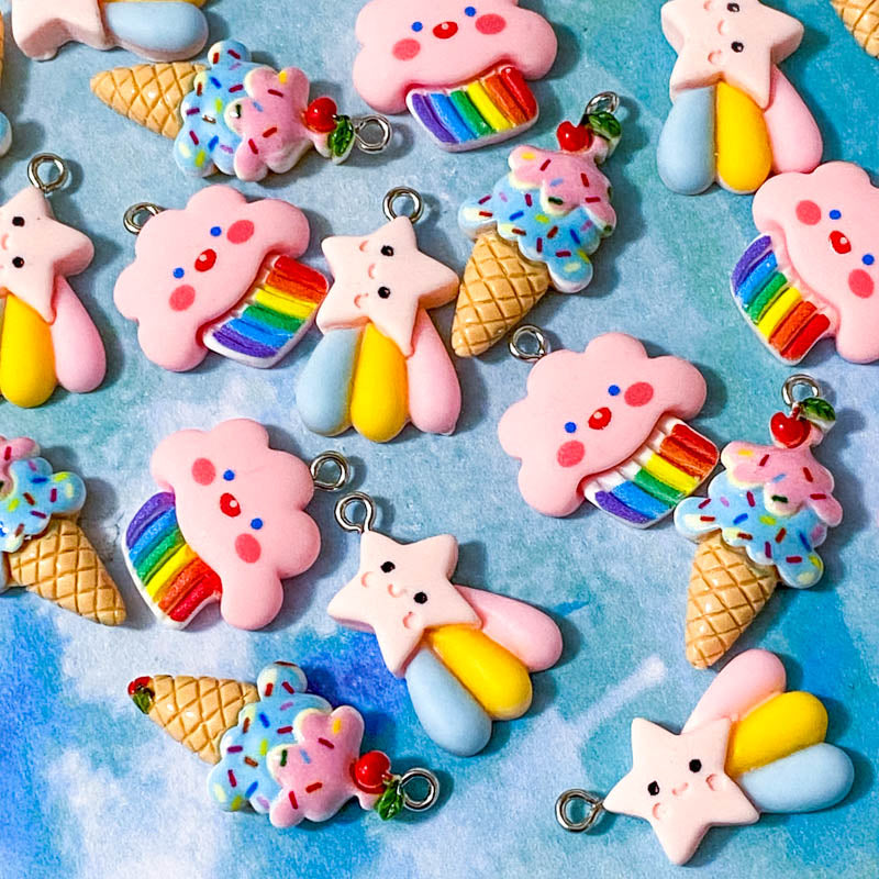 pink rain cloud clouds kawaii charm charms pendant pendants ice cream ice-creams food treats shooting star stars pendant resin pink uk craft supplies shop store blue yellow bright colours