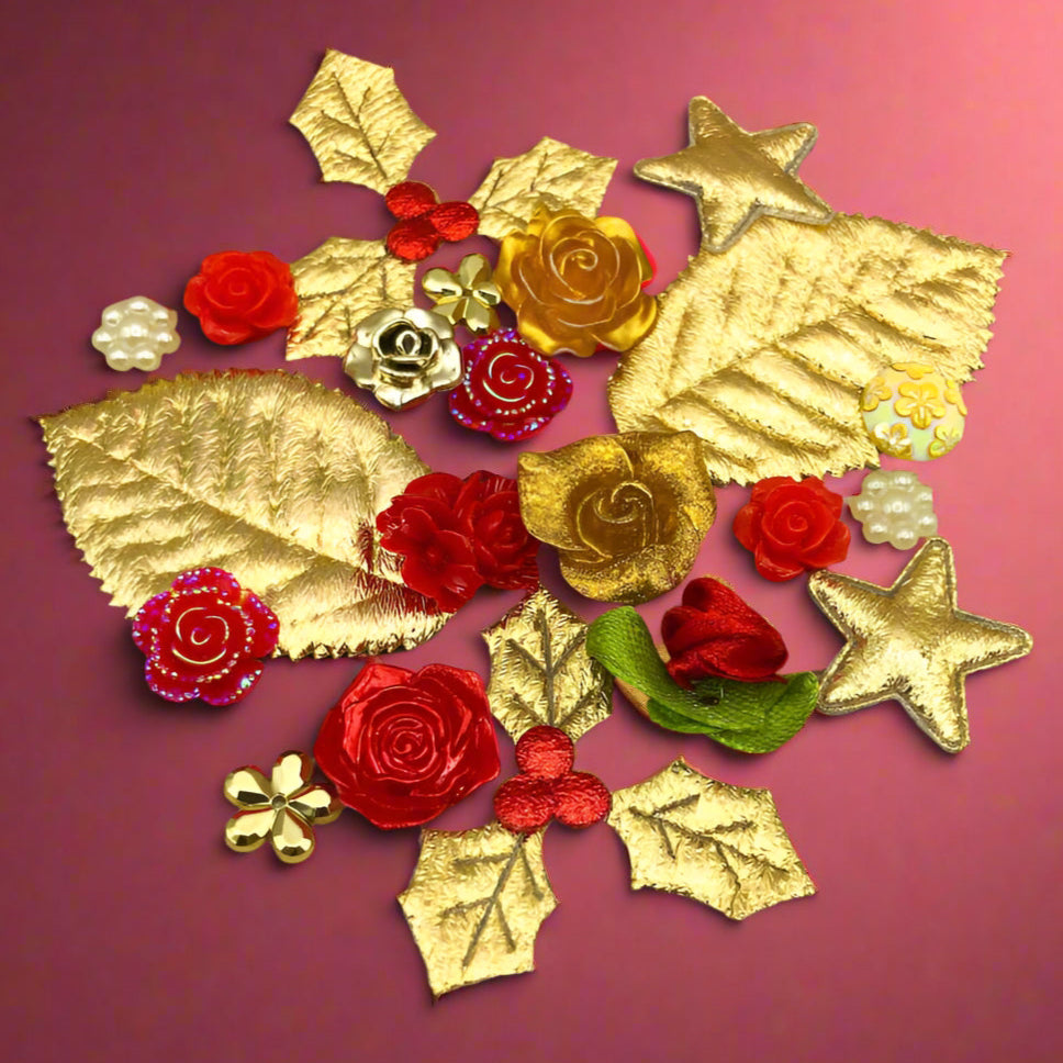 red and gold yellow christmas festive embellishments embellishment flatback flat back backs bundle acrylic resin fabric holly leaf leaves flower flowers rose roses fbs fb uk cute kawaii craft supplies shop