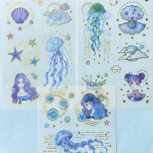 magic magical ocean jelly fish jellyfish mermaid girl kawaii shell shells sea star stars space galaxy blue purple gold foil foilled washi translucent sticker stickers sheet uk stationery