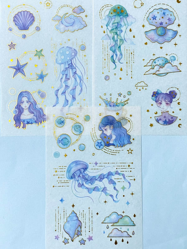 magic magical ocean jelly fish jellyfish mermaid girl kawaii shell shells sea star stars space galaxy blue purple gold foil foilled washi translucent sticker stickers sheet uk stationery