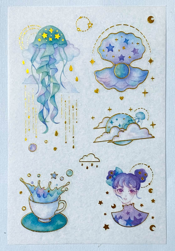 magic magical ocean jelly fish jellyfish mermaid girl kawaii shell shells sea star stars space galaxy blue purple gold foil foilled washi translucent sticker stickers sheet uk stationery