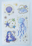 magic magical ocean jelly fish jellyfish mermaid girl kawaii shell shells sea star stars space galaxy blue purple gold foil foilled washi translucent sticker stickers sheet uk stationery