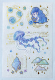 magic magical ocean jelly fish jellyfish mermaid girl kawaii shell shells sea star stars space galaxy blue purple gold foil foilled washi translucent sticker stickers sheet uk stationery