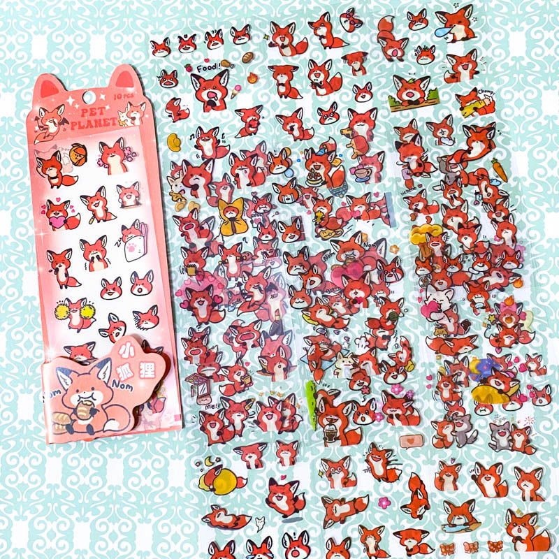 fox foxes kawaii cute clear plastic sticker stickers sheet pack red orange pretty funny set of 10 uk stationery gift gifts shop store planner supplies bargain sheets