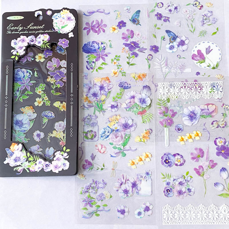 rainbow silver holo holographic clear plastic sticker stickers pack sheet sheets flower flowers butterfly butterflies spring blossom garden blue lilac purple cream blooms uk stationery cute kawaii planner supplies shop store pretty dragonfly foliage