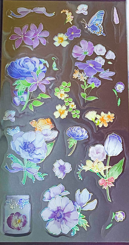 rainbow silver holo holographic clear plastic sticker stickers pack sheet sheets flower flowers butterfly butterflies spring blossom garden blue lilac purple cream blooms uk stationery cute kawaii planner supplies shop store pretty dragonfly foliage