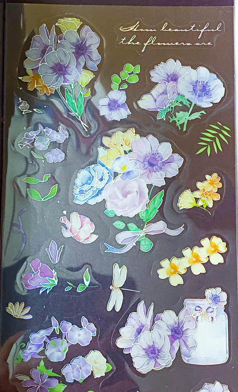 rainbow silver holo holographic clear plastic sticker stickers pack sheet sheets flower flowers butterfly butterflies spring blossom garden blue lilac purple cream blooms uk stationery cute kawaii planner supplies shop store pretty dragonfly foliage