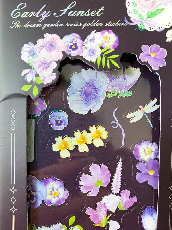 rainbow silver holo holographic clear plastic sticker stickers pack sheet sheets flower flowers butterfly butterflies spring blossom garden blue lilac purple cream blooms uk stationery cute kawaii planner supplies shop store pretty dragonfly foliage
