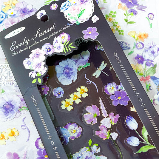 rainbow silver holo holographic clear plastic sticker stickers pack sheet sheets flower flowers butterfly butterflies spring blossom garden blue lilac purple cream blooms uk stationery cute kawaii planner supplies shop store pretty dragonfly foliage