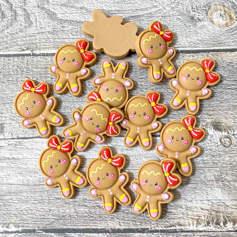 ginger bread lady gingerbread man men cookie resin resins flat back flatback bow pink red white brown icing cute kawaii uk craft supplies yellow fb fbs christmas xmas festive girl