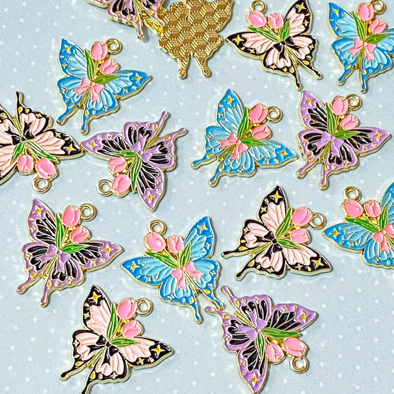 enamel charm charms pendant pendants gold tone metal enamelled butterfly butterflies floral flower flowers pink blue turquoise purple lilac black tulip tulips pretty uk craft supplies shop store big large