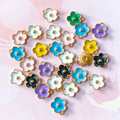 small mini little enamel flower charm charms pendant gold tone metal enamelled pretty little white flowers pale pink turquoise blue green yellow black uk cute kawaii craft supplies shop store jewellery making 13mm